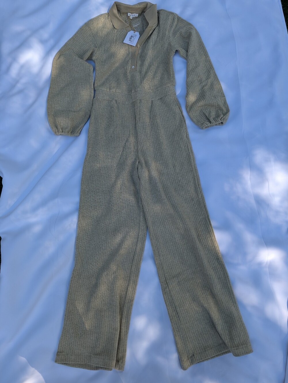 Size S Free the Roses Ribbed Knit Jumpsuit in GreenishTan
